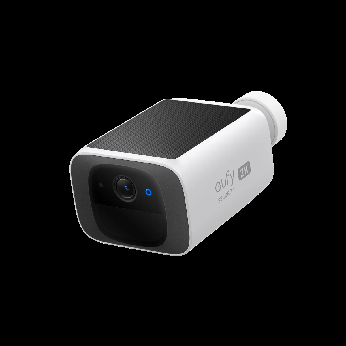 eufy SECURITY 2K solar camera close-up on black background