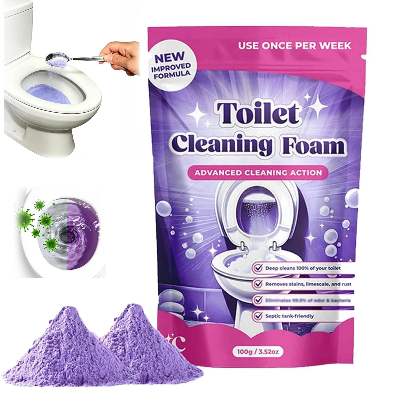 FizzClean toilet cleaning foam pouch with purple powder demo