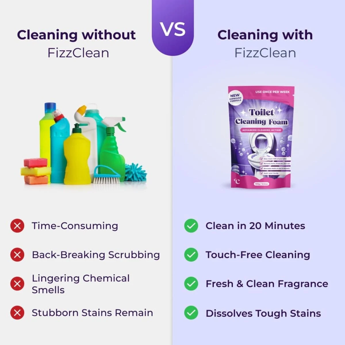 Cleaning with FizzClean versus traditional scrubbing supplies