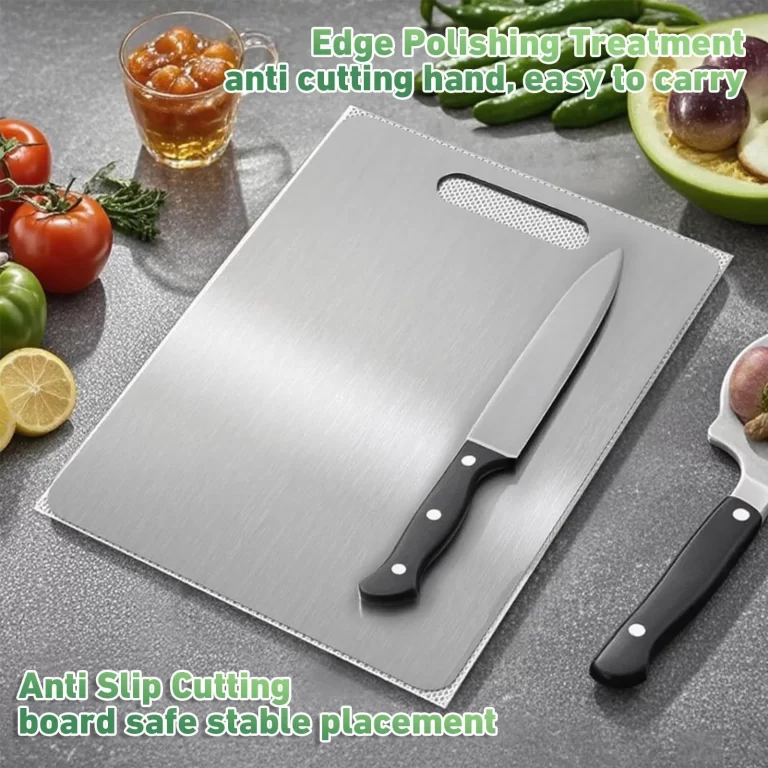 Katori titanium cutting board in a real kitchen with knife and produce