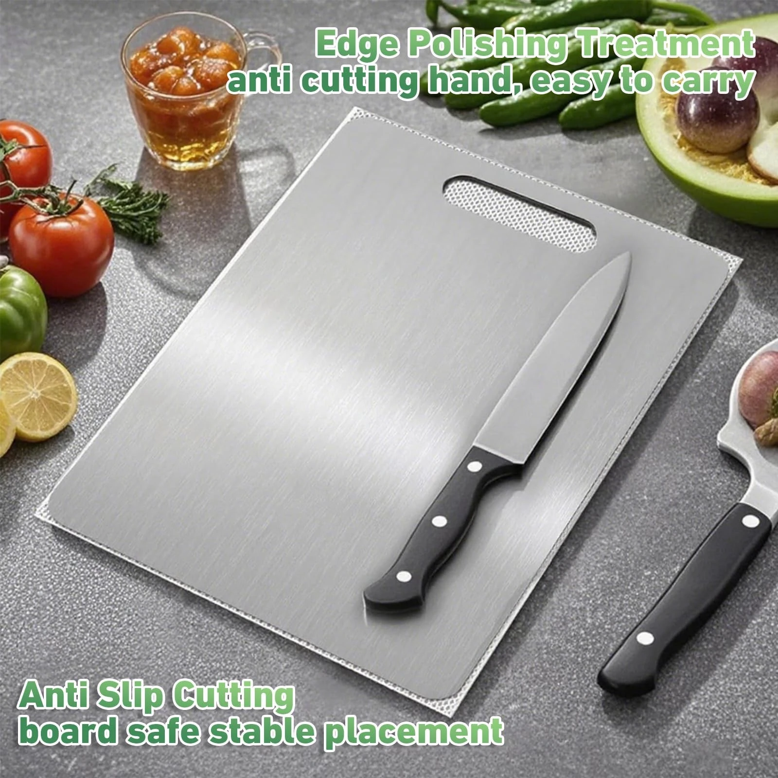 Katori titanium cutting board in a real kitchen with knife and produce