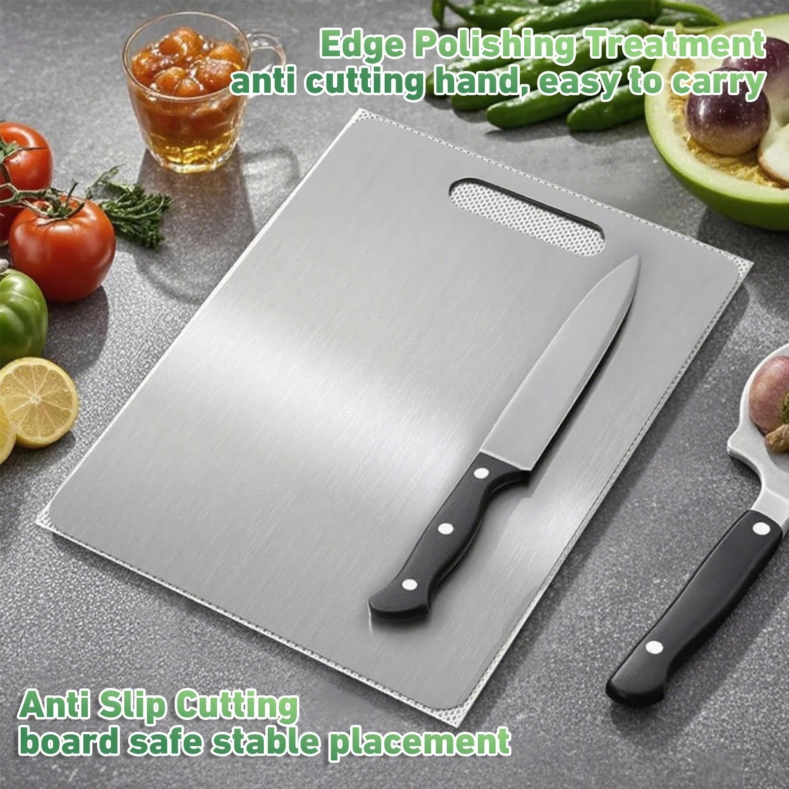 Katori titanium cutting board on a kitchen counter with produce