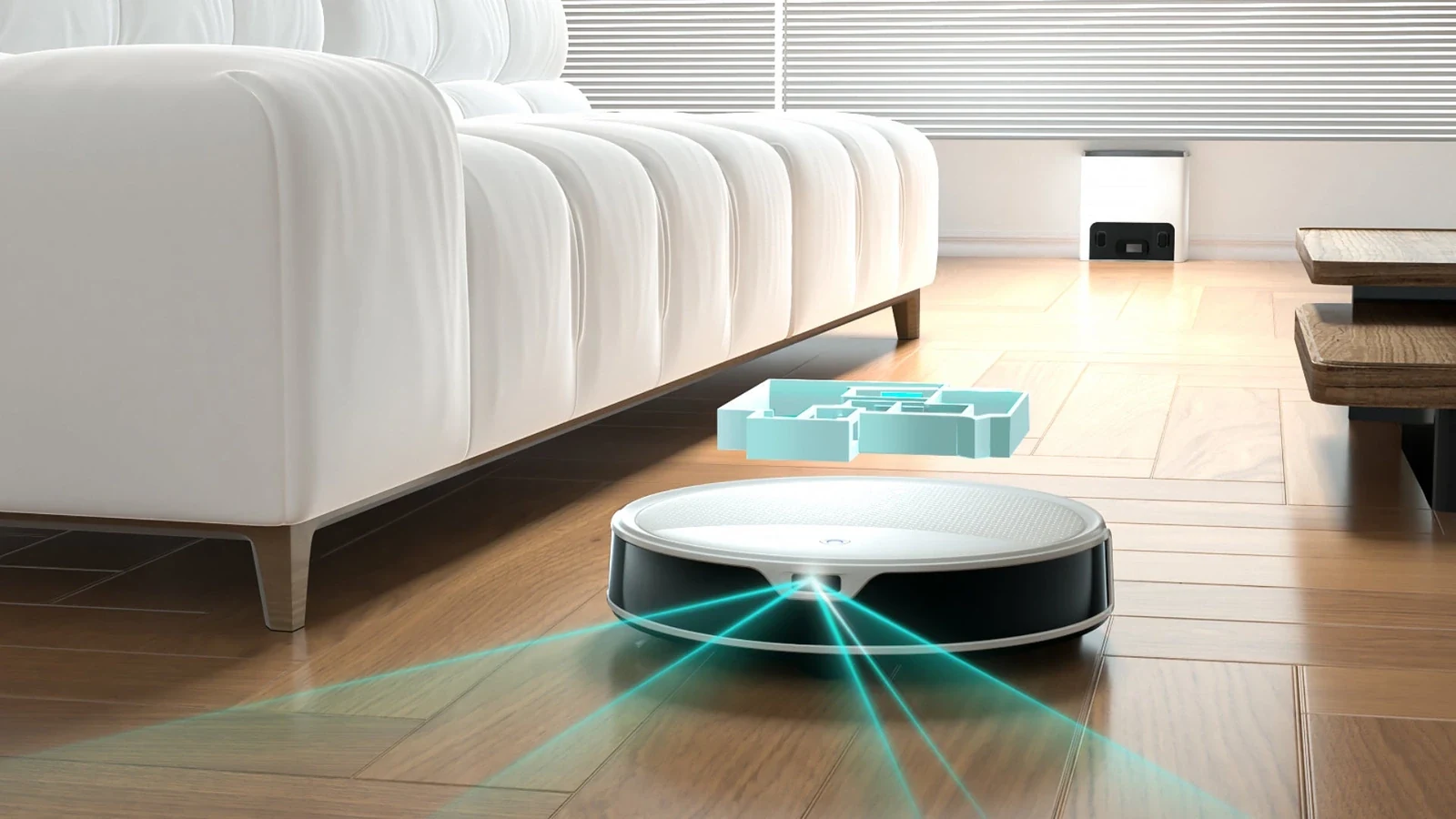 White Lefant robot vacuum mapping a living room near its charging dock