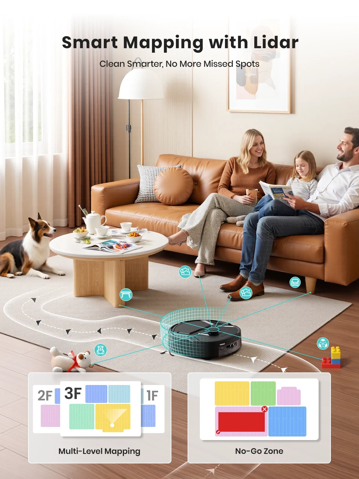 Lefant robot vacuum smart mapping with no-go zones in a family living room