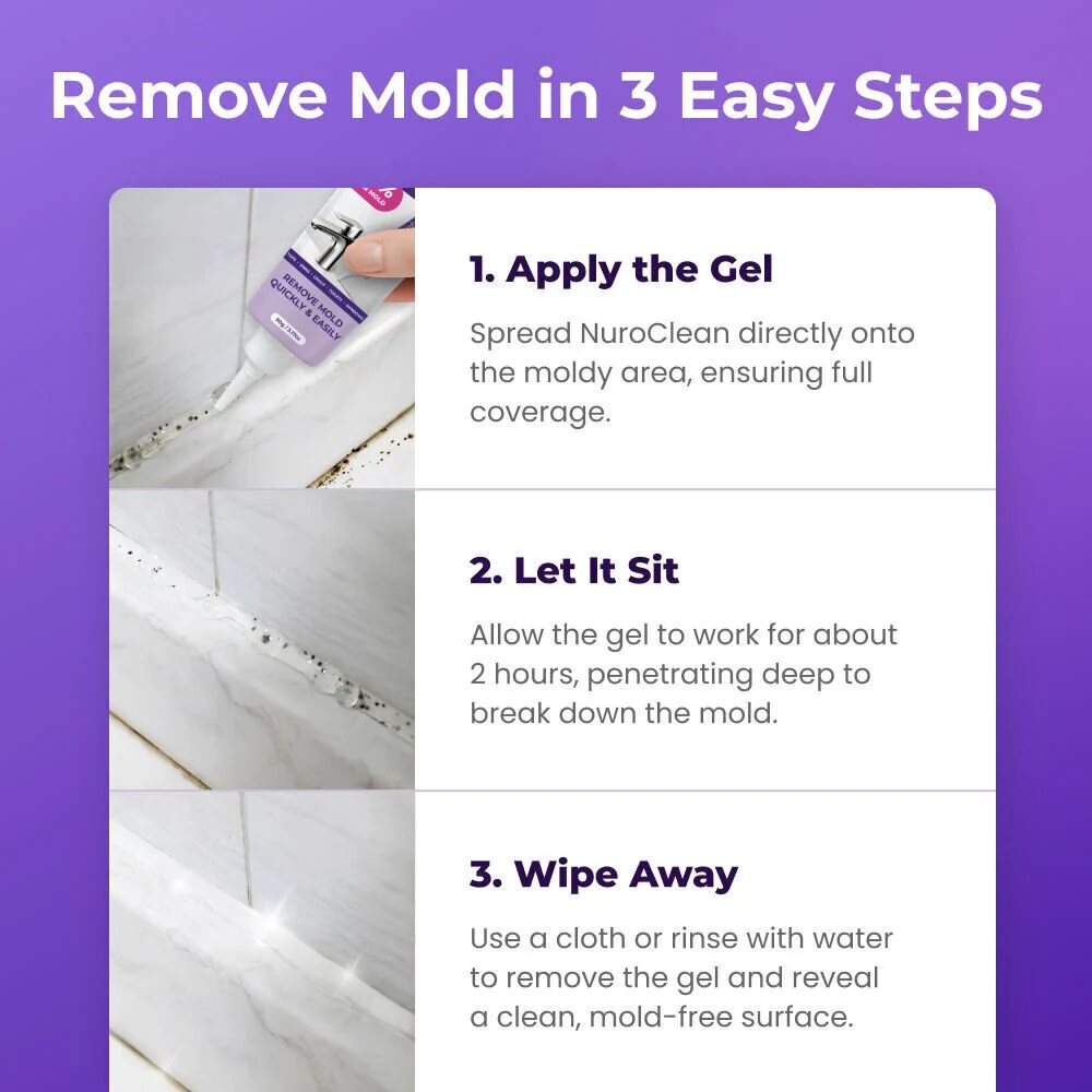 NuroClean mold gel in three steps: apply, let sit, wipe away