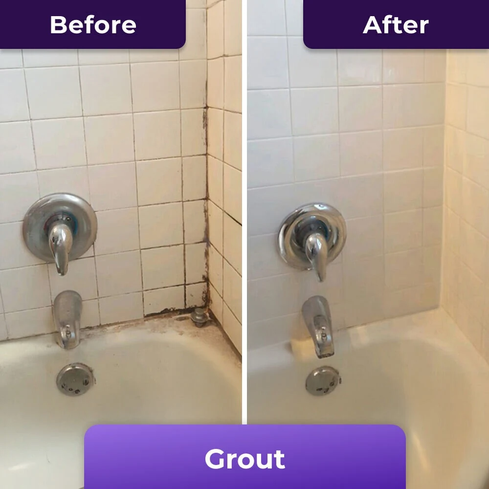 Before and after moldy bathroom grout cleaned with NuroClean gel
