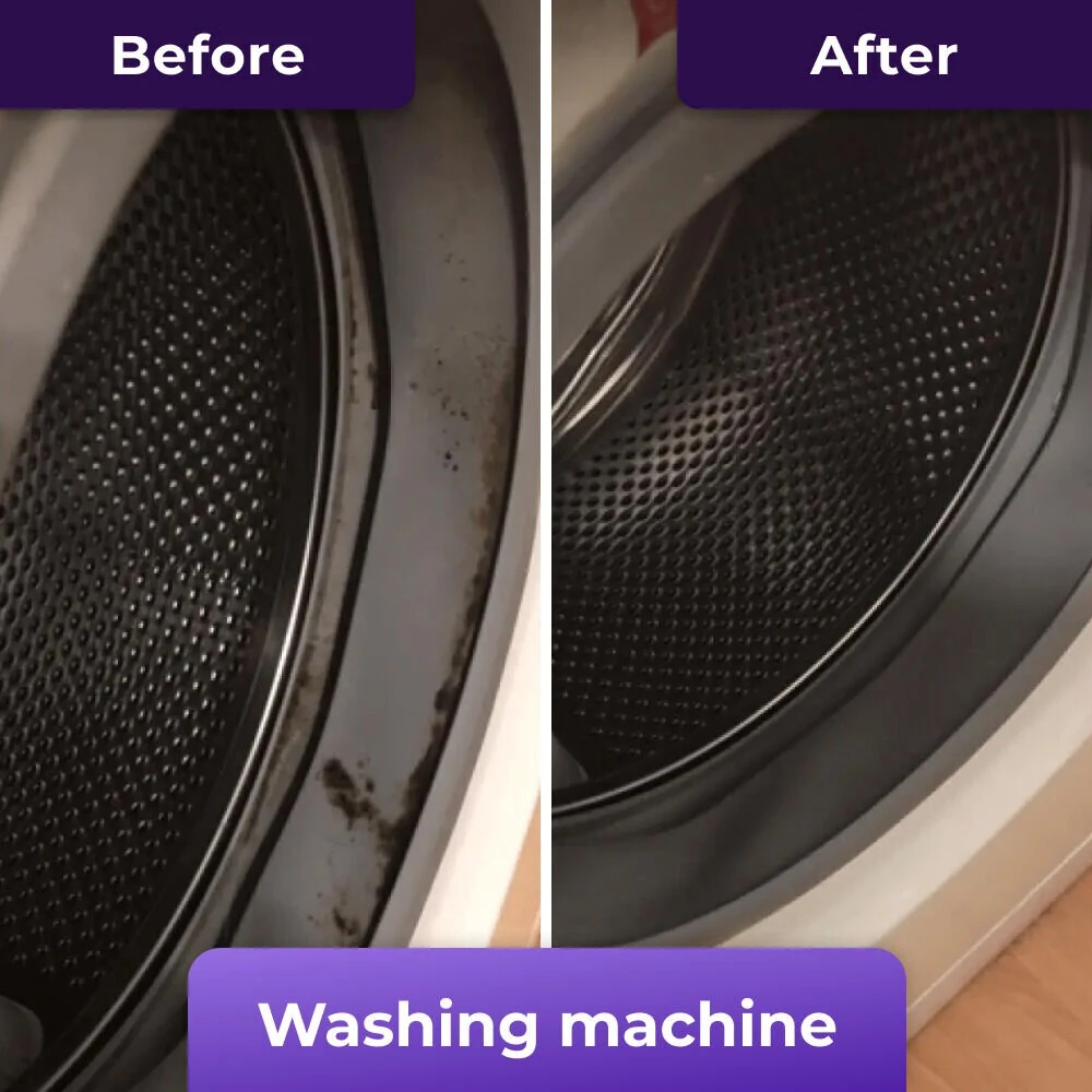 Before and after mold on a washing machine door seal cleaned with NuroClean