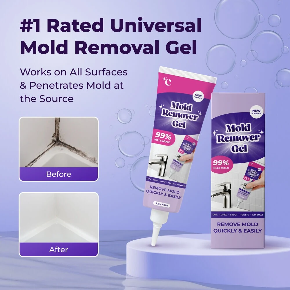 NuroClean Mold Remover Gel product with before and after bathroom mold results