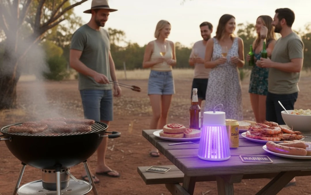 Qinux NoBuz zapper on a picnic table during a backyard barbecue