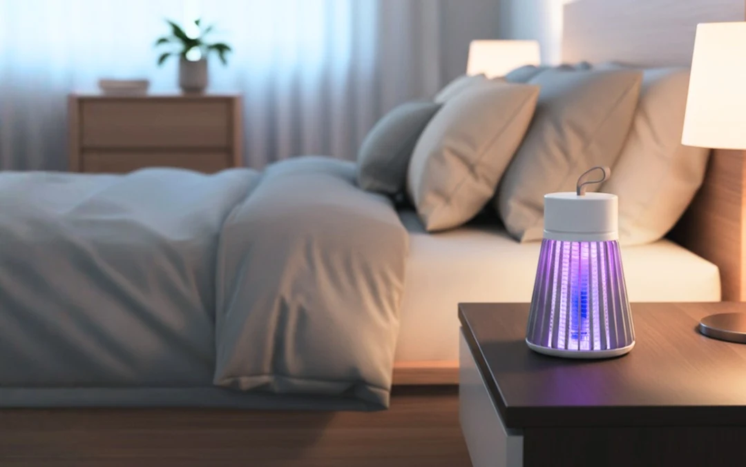 Qinux NoBuz bug zapper on a bedroom nightstand