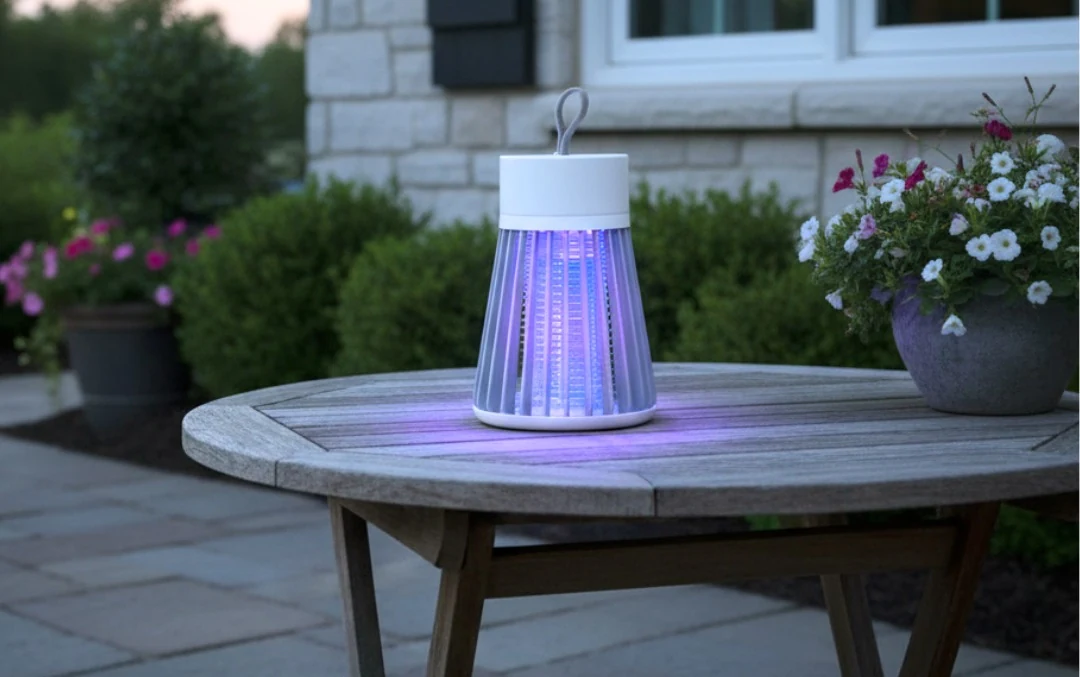 Qinux NoBuz UV bug zapper glowing on an outdoor patio table at dusk