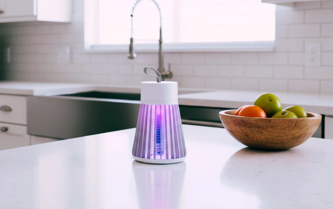 Qinux NoBuz UV mosquito lamp on a kitchen counter