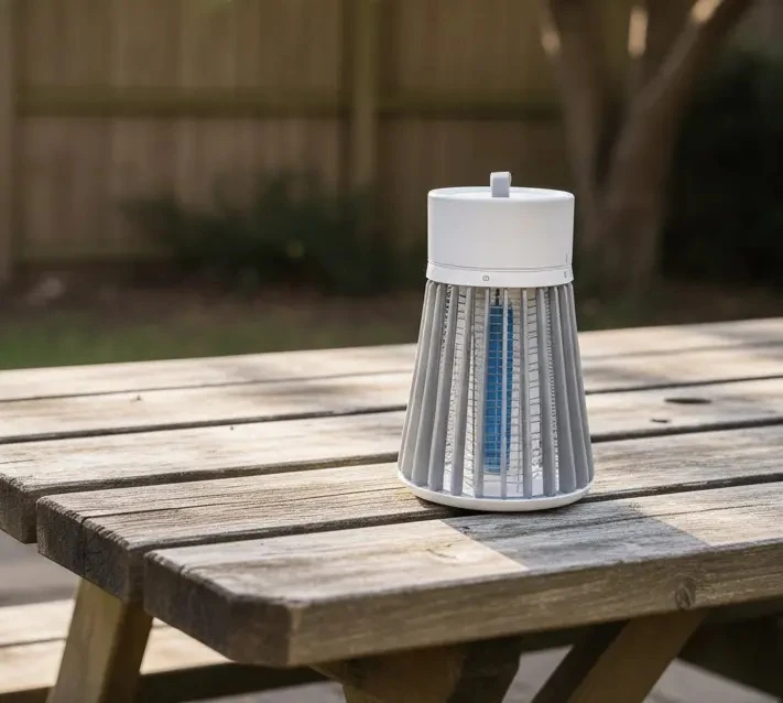 Qinux NoBuz UV bug zapper on a wooden picnic table outdoors
