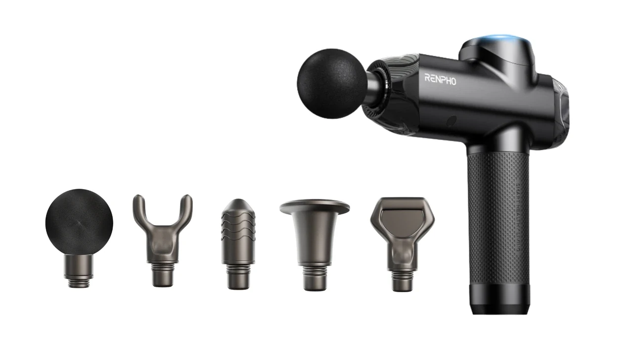 RENPHO massage gun with five interchangeable head attachments on white