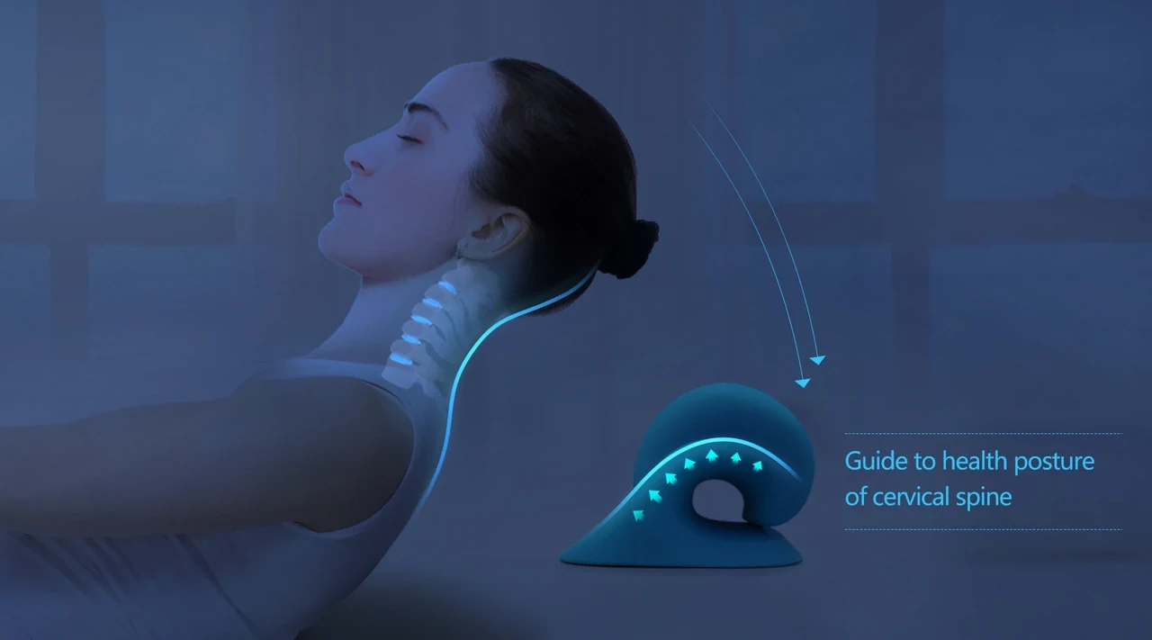 Illustrated guide showing RestCloud neck stretcher supporting cervical posture