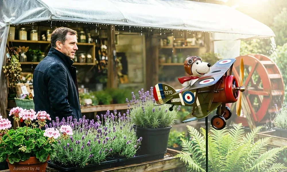 Windodream Sky Dreamer biplane windmill displayed among potted plants